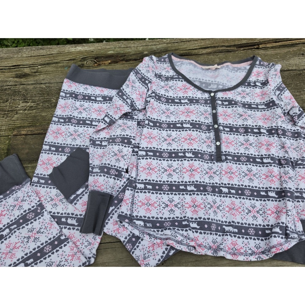 Victoria's Secret Pajama Set M Fair Isle Polar Bear Snowflake Thermal PJ 2PC